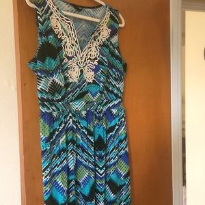 Blue, black, white and green sleeveless maxi dress